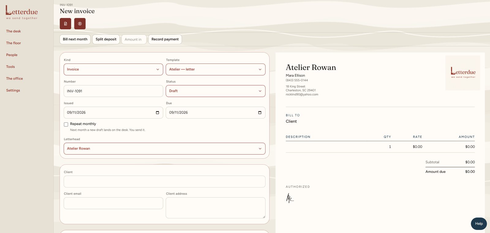 New invoice form on the left and live Atelier letter on the right