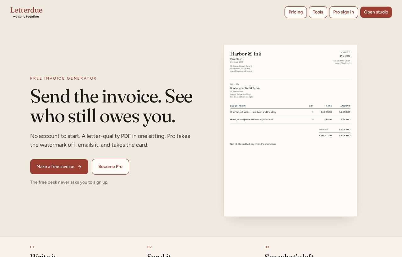 Letterdue home page with a sample invoice letter