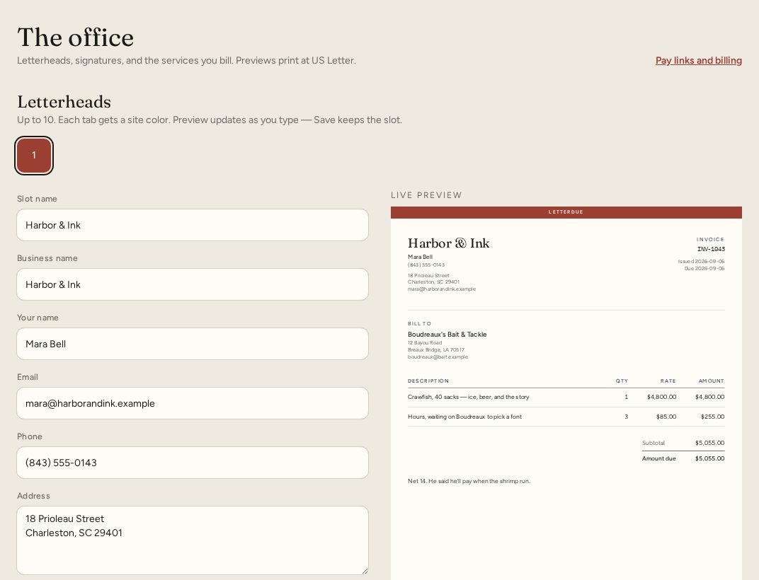 The office letterhead editor with a live preview