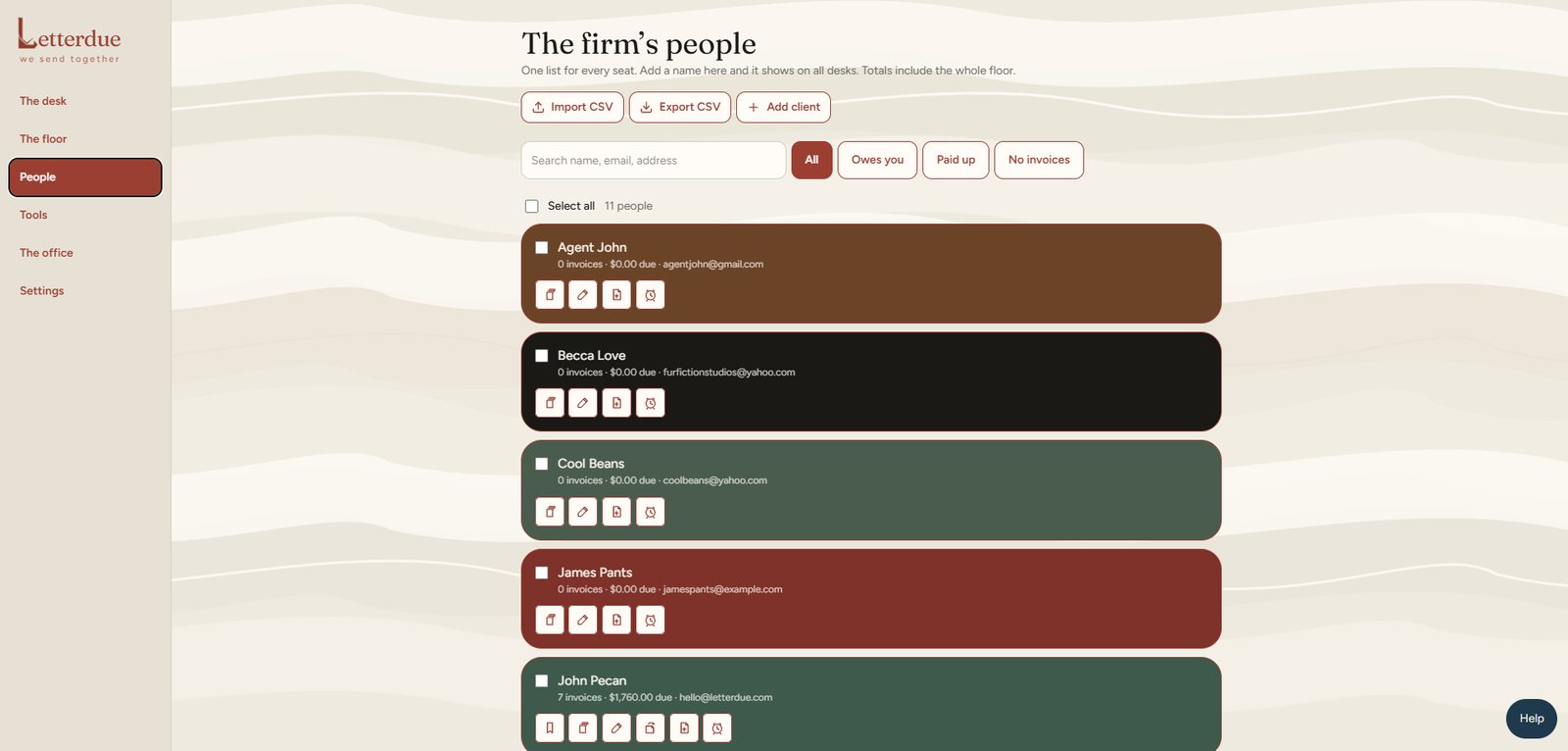 The firm’s people list with colored client cards and filters
