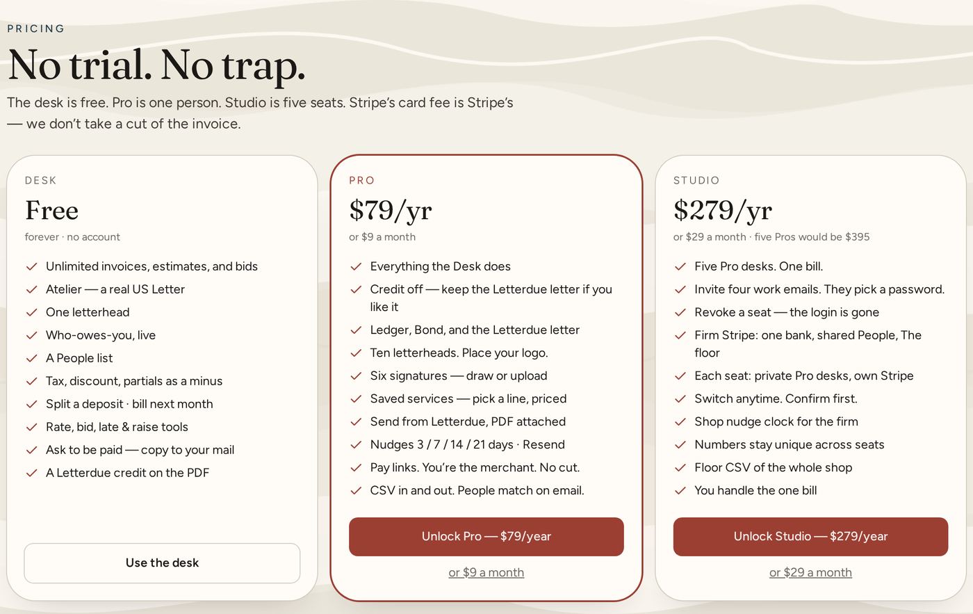 Pricing page with Desk, Pro, and Studio