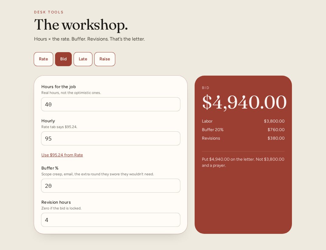 Bid tool with hours, buffer, and a total