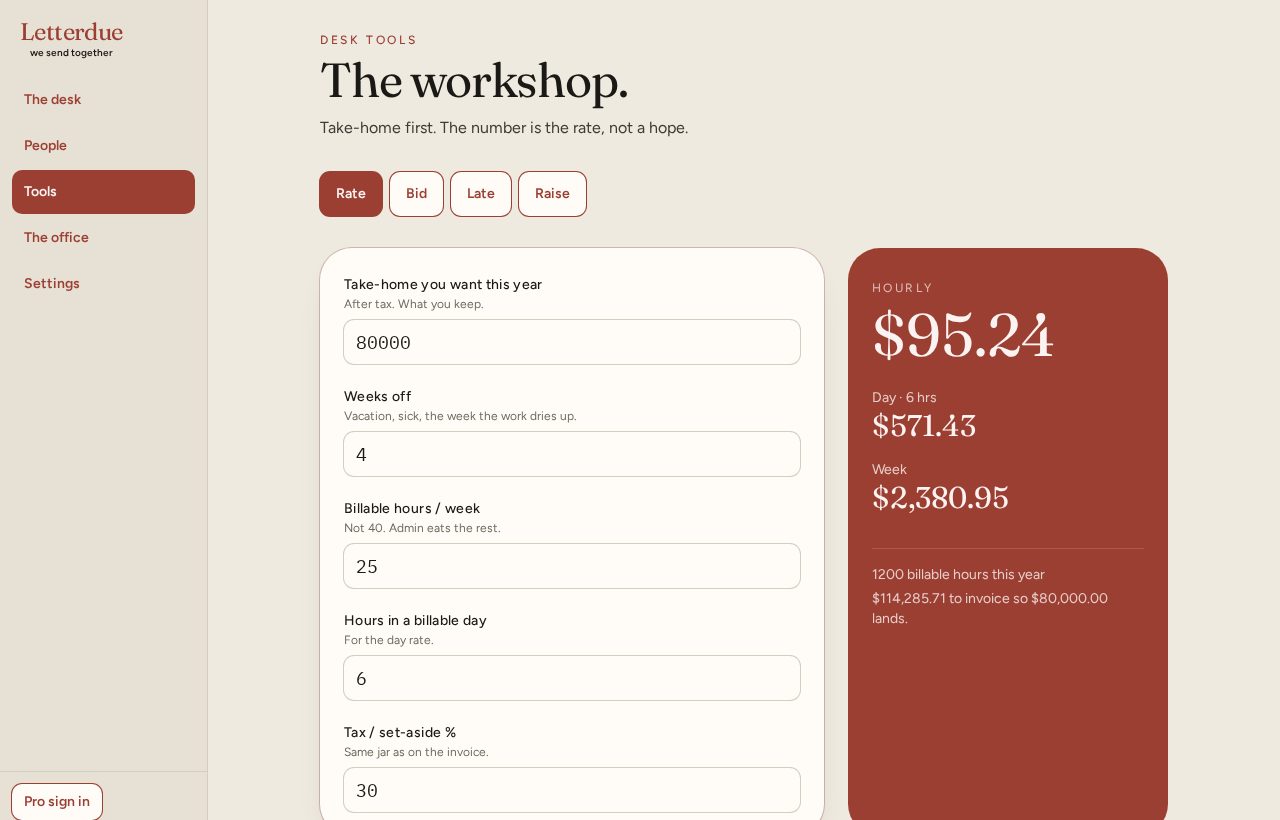Rate tool showing take-home, weeks off, and hourly